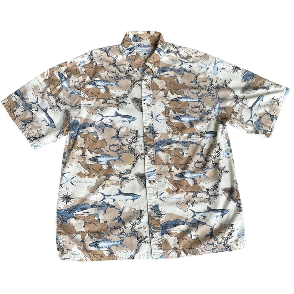 Columbia Short Sleeve Button‎ Up Shirt with Map & Fish Print  Size: XL